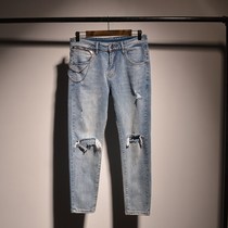 Tide Cards 2022 Summer Elastic Breaking Holes 90% Cowboys pants Mens Korean version Trend 100 hitch a little foot beggar pants