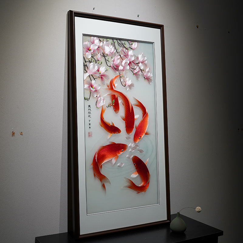 湘绣成品挂画锦鲤客厅玄关装饰画鱼戏琼花纯手工苏绣中国风刺绣画 - 图1