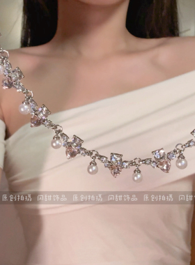 【少女心事】轻奢小众项链珍珠爱心高级感设计锁骨链超闪满钻颈链