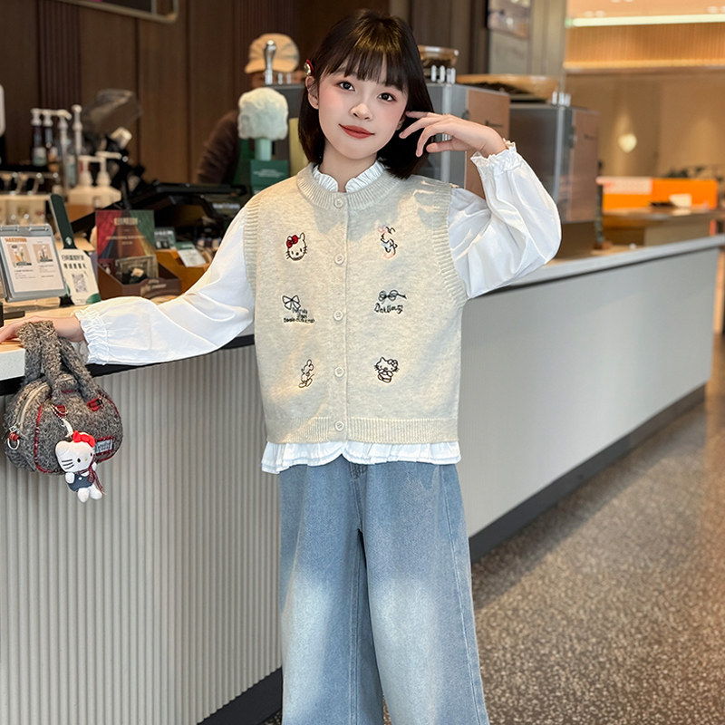 女童学院风套装2026早春新款女孩针织马甲衬衫牛仔裤儿童装三件套,淘宝优惠券,粉丝福利购,淘宝优惠卷