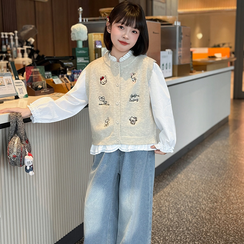 女童学院风套装2026早春新款女孩针织马甲衬衫牛仔裤儿童装三件套,淘宝优惠券,粉丝福利购,淘宝优惠卷