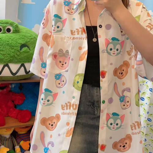 自制 夏日多巴胺七宝满印可爱oversize纯棉衬衫男女短袖bf风上衣 - 图3
