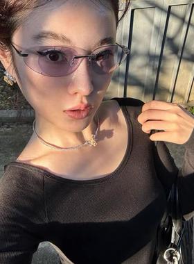 无框灰色椭圆猫眼Y2K辣妹墨镜