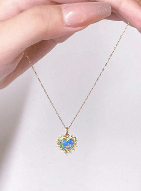 MONO欧泊爱心项链 女纯银镀黄金色心形蓝色仿真钻锁骨链高级轻奢