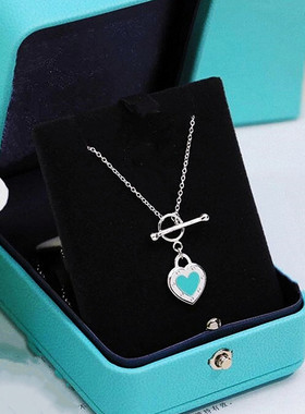 OΤ扣蓝色爱心项链女纯银925蓝色珐琅心形Love吊坠锁骨链简约高级