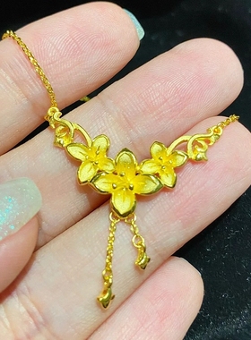优雅丁香花流苏项链 女纯银镀18K黄金色花朵锁骨链国风高级百搭潮
