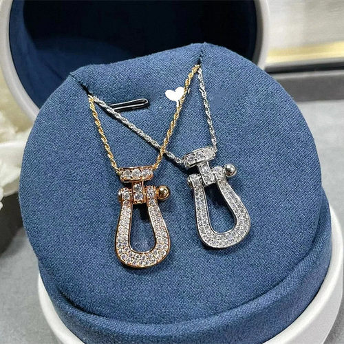 满钻马蹄扣项链 女纯银玫瑰金黄金色U形竖版大号锁骨链轻奢高级感 - 图0