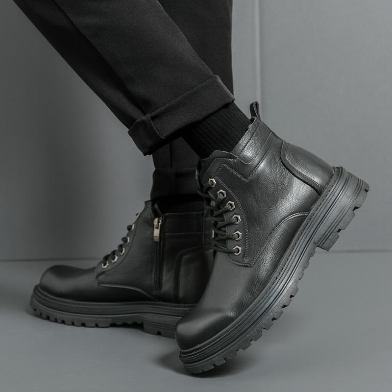 马丁靴男高帮2025新款秋冬季英伦复古百搭厚底工装男士侧拉链皮靴 - 图0