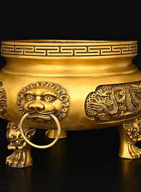 铜二龙戏珠香炉双龙纯黄铜特大小号香插香薰财神三足香炉家用寺庙