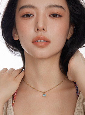 朝慕newmoon霓虹水晶天然蓝托帕紫水晶18K银镀金项链切割方糖项链