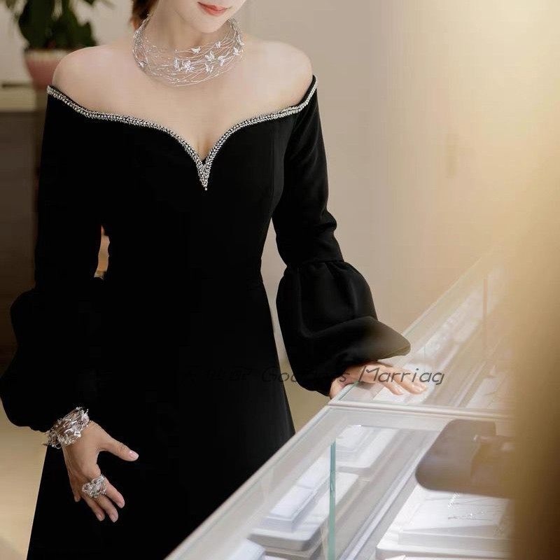 优雅一字肩主持人晚礼服女2024新款高端大气年会小礼服连衣裙显瘦