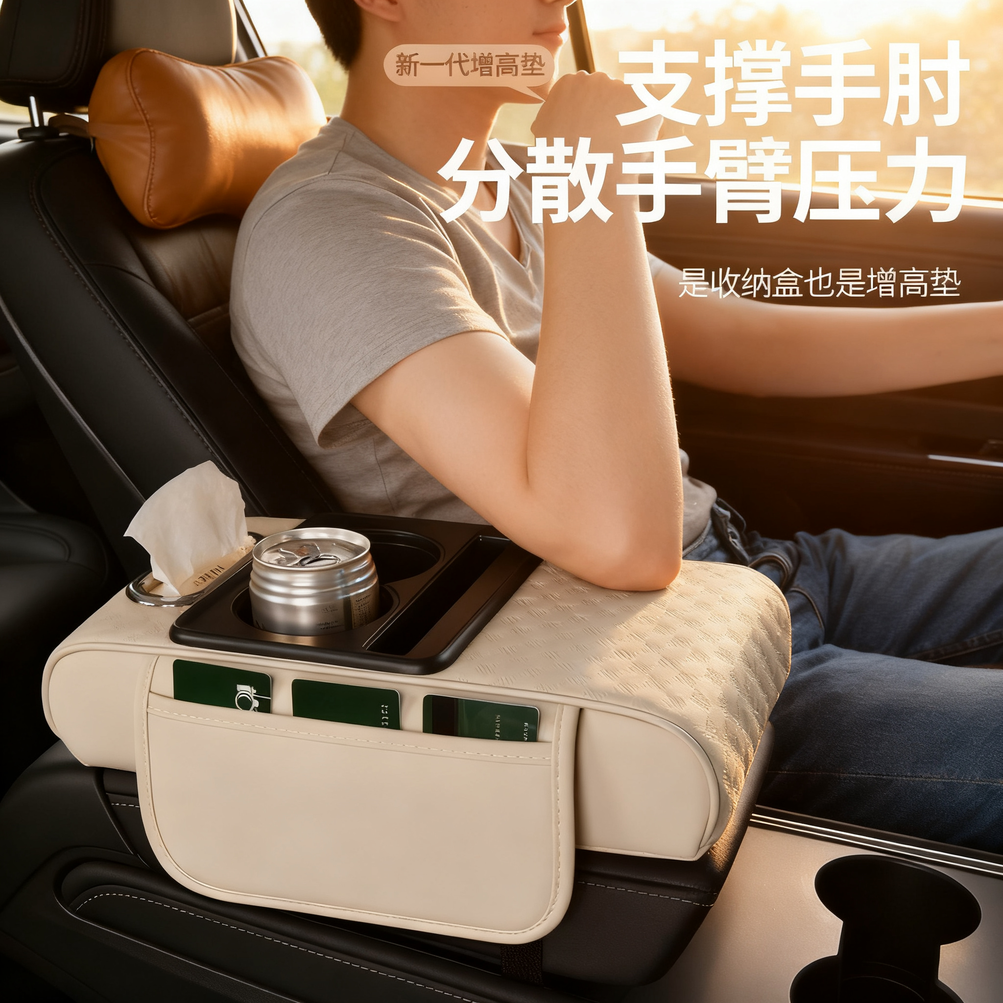 汽车中央扶手车载箱增高垫四合一多功能纸巾盒保护套水杯架置物盒,淘宝优惠券,粉丝福利购,淘宝优惠卷