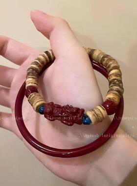中式椰壳朱砂串珠手镯套装女款ins小众设计复古气质百搭搭手