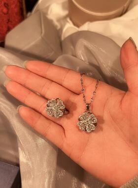 可旋转戒指轻奢高级旋转式满钻花朵开口时尚个性旋转小众设计戒指