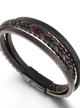个性新款复古牛皮手链多层合金编织皮革手环手镯 男士手饰