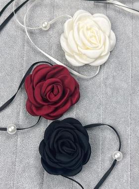 法式超仙复古山茶花系带项链珍珠绑带choker颈链珍珠花朵锁骨链女