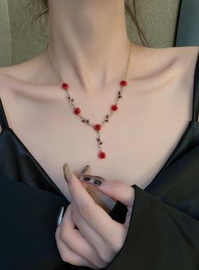 ins复古玫瑰项链套装锁骨链手链做旧红玫瑰往事Y字型链超仙送女友