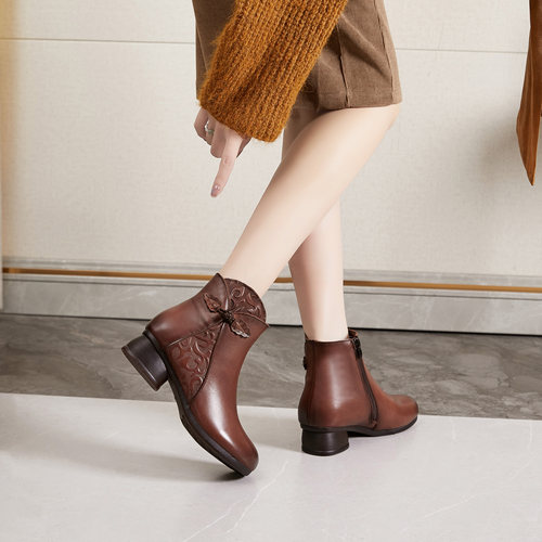 39916头层牛皮冬季加绒高跟短靴女鞋复古风3.5厘米中跟粗跟妈妈鞋 - 图2