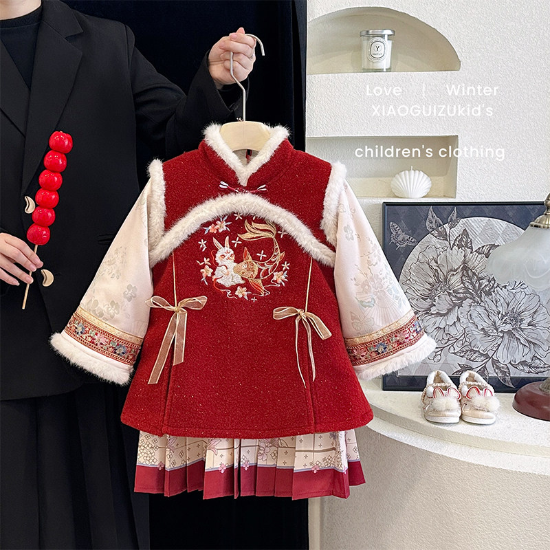 女童汉服连衣裙秋冬装2026红色新年衣服洋气小女孩唐装国风拜年服,淘宝优惠券,粉丝福利购,淘宝优惠卷