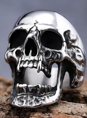 朋克风戒指男潮人指环长牙齿丧尸骷髅头戒指哥特风煮黑抛光钛钢