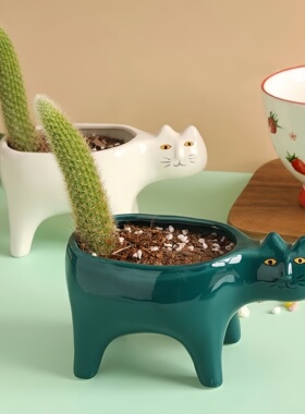 无尾猫创意可爱花盆绿植陶瓷摆件