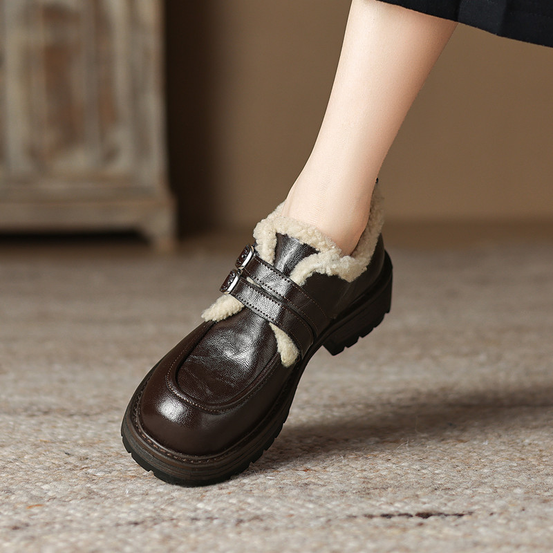 羊羔毛乐福鞋女加绒保暖复古小皮鞋厚底雪地靴真皮加厚毛毛大棉鞋 - 图1