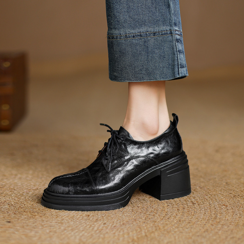 2025春新款真皮厚底系带复古小皮鞋女粗跟防水台圆头羊皮高跟单鞋 - 图0