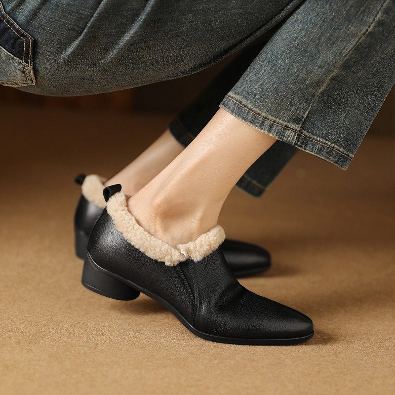 羊羔毛粗跟小皮鞋女真皮厚底杏色大棉鞋加绒厚毛保暖懒人羊皮单鞋,淘宝优惠券,粉丝福利购,淘宝优惠卷
