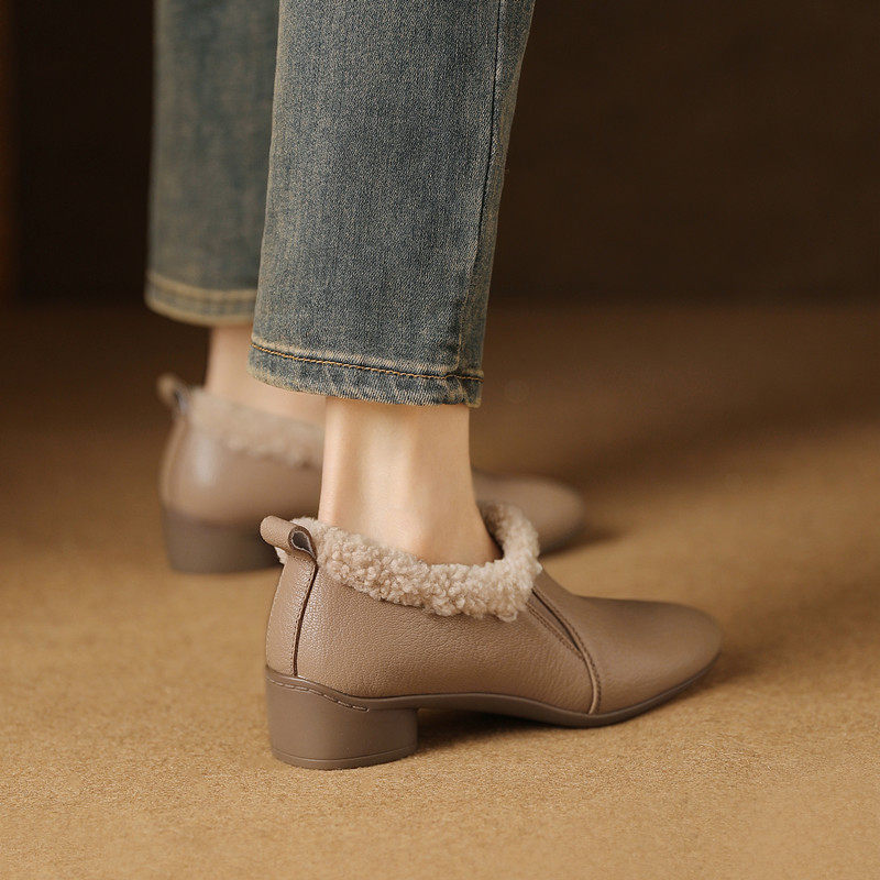 羊羔毛粗跟小皮鞋女真皮厚底杏色大棉鞋加绒厚毛保暖懒人羊皮单鞋,淘宝优惠券,粉丝福利购,淘宝优惠卷