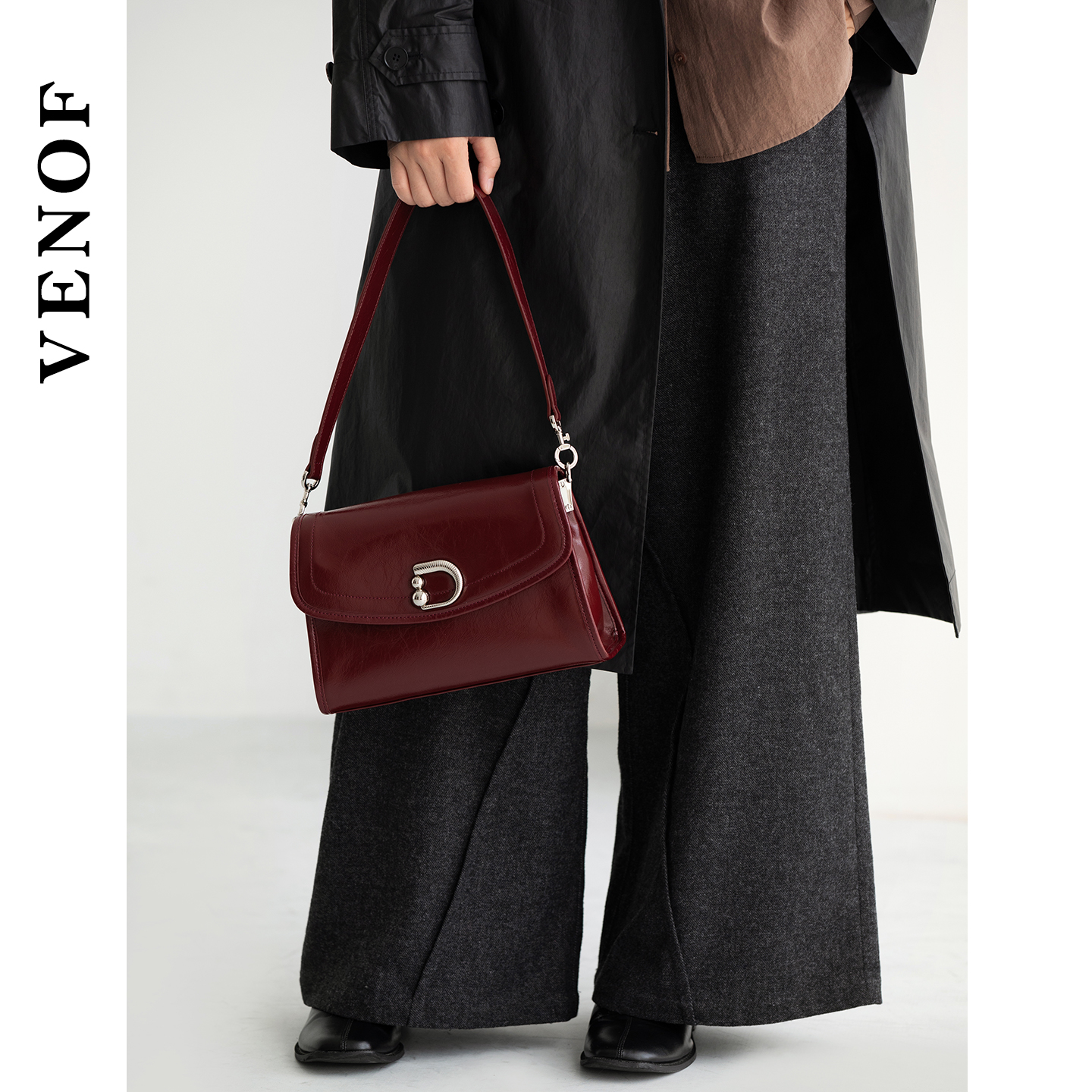 【维洛芬】酒红色腋下包结婚女新娘日常可背头层油蜡真牛皮单肩包 - 图1