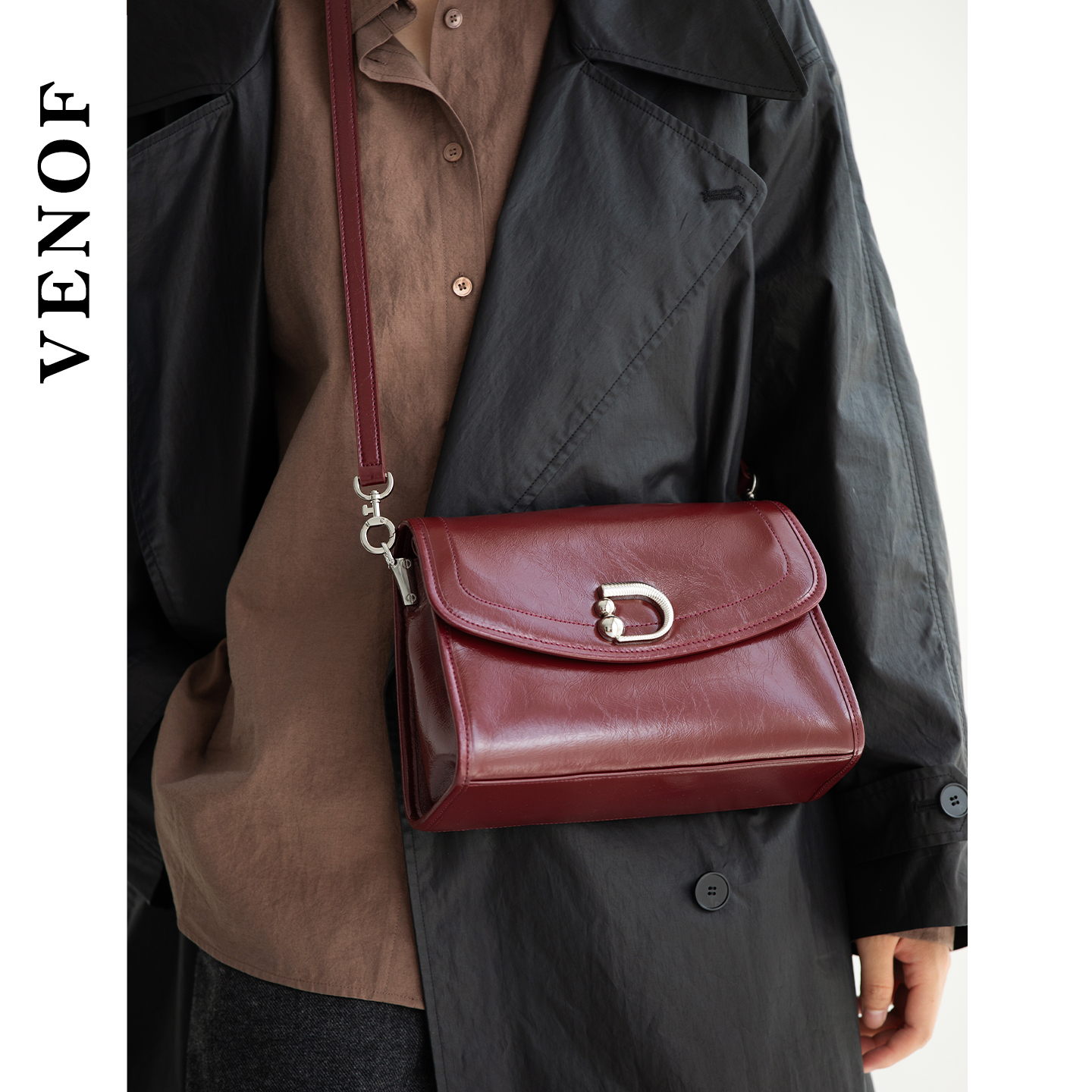 【维洛芬】酒红色腋下包结婚女新娘日常可背头层油蜡真牛皮单肩包 - 图0