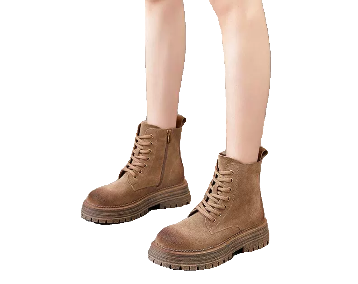 新隐形内增高8厘米防撞圆头磨砂牛皮系带粗跟厚底坡跟马丁靴9231K - 图3