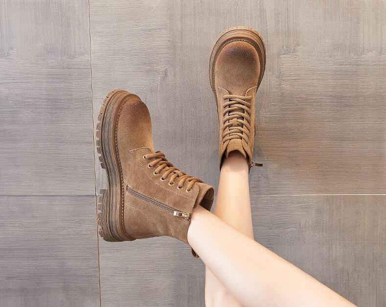 新隐形内增高8厘米防撞圆头磨砂牛皮系带粗跟厚底坡跟马丁靴9231K - 图2