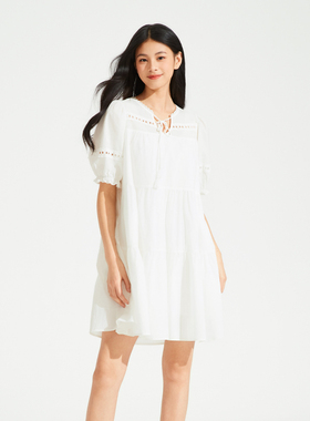 热风2024年夏季新款女士甜美法式假日风白色连衣裙海边度假风裙子
