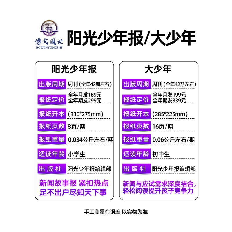 【小学新刊/初中版新刊】阳光少年报报纸小学生版/初中版大少年 2024年全年订阅约42期 1-6年级中小学生新闻时事热点资讯作文素材