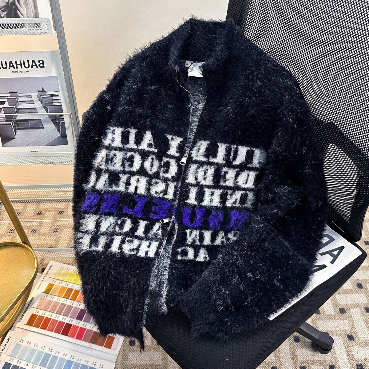 美式复古字母提花开衫毛衣针织衫男女慵懒风秋冬款情侣外套ins - 图1