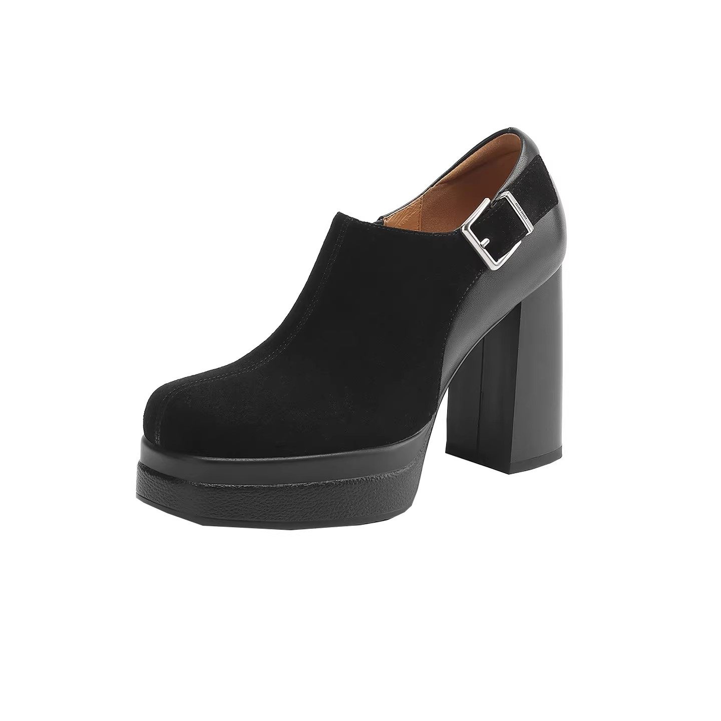 10cm超高跟防水台单鞋女真皮粗跟增高厚底显瘦百搭深口扣带高跟鞋,淘宝优惠券,粉丝福利购,淘宝优惠卷