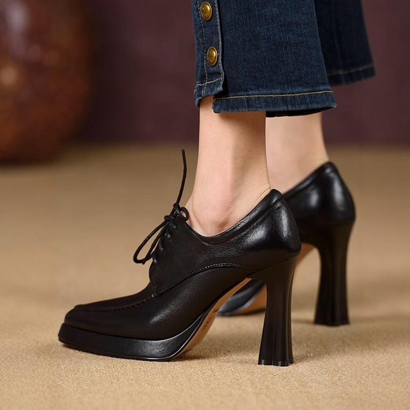 手工女鞋10cm2025年秋冬新款防水台真皮单鞋尖头系带高跟鞋子纯色,淘宝优惠券,粉丝福利购,淘宝优惠卷