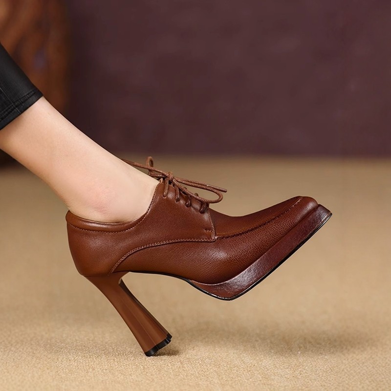 手工女鞋10cm2025年秋冬新款防水台真皮单鞋尖头系带高跟鞋子纯色,淘宝优惠券,粉丝福利购,淘宝优惠卷