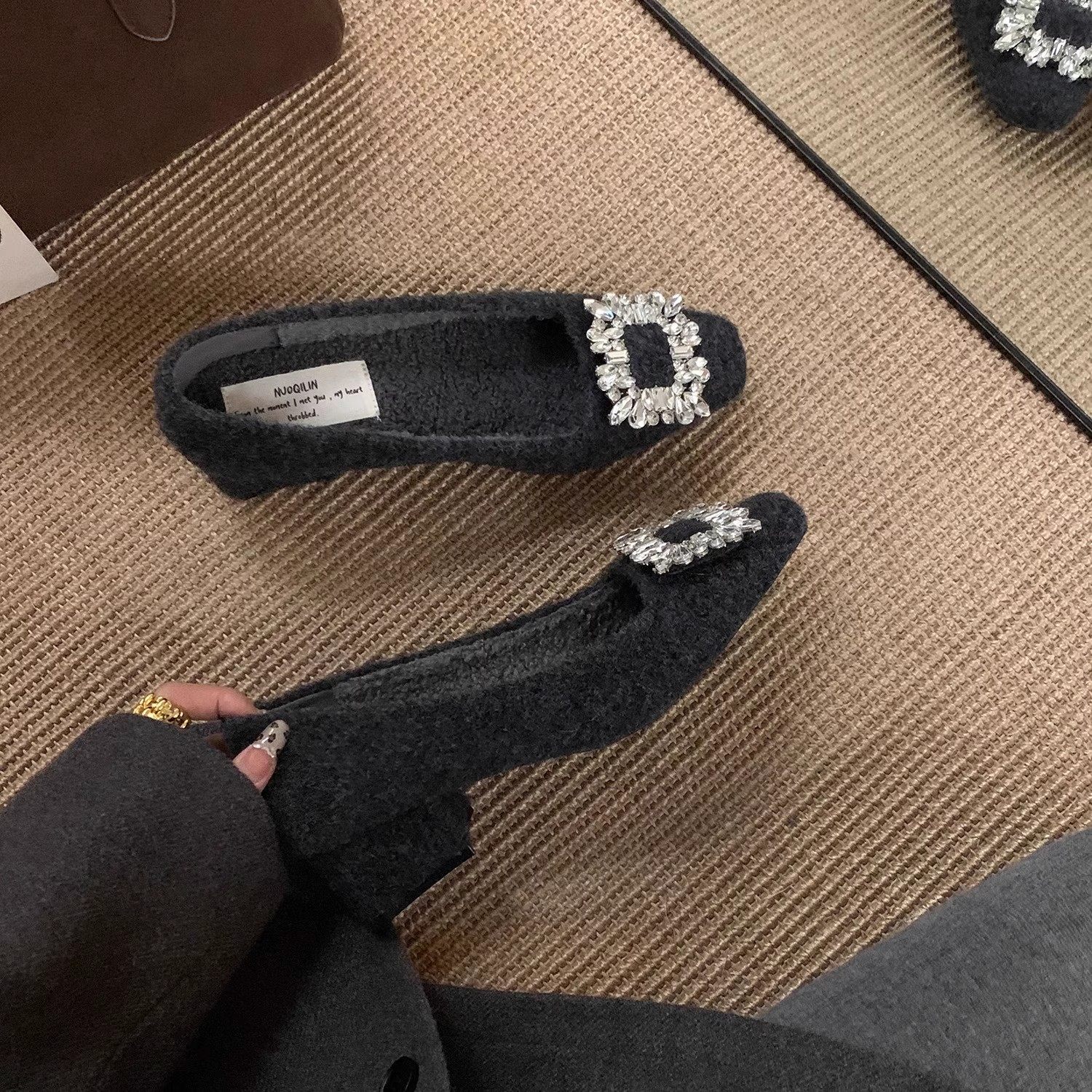 小香风方头浅口单鞋女2025新款秋冬季通勤加绒中高跟玛丽珍毛毛鞋,淘宝优惠券,粉丝福利购,淘宝优惠卷