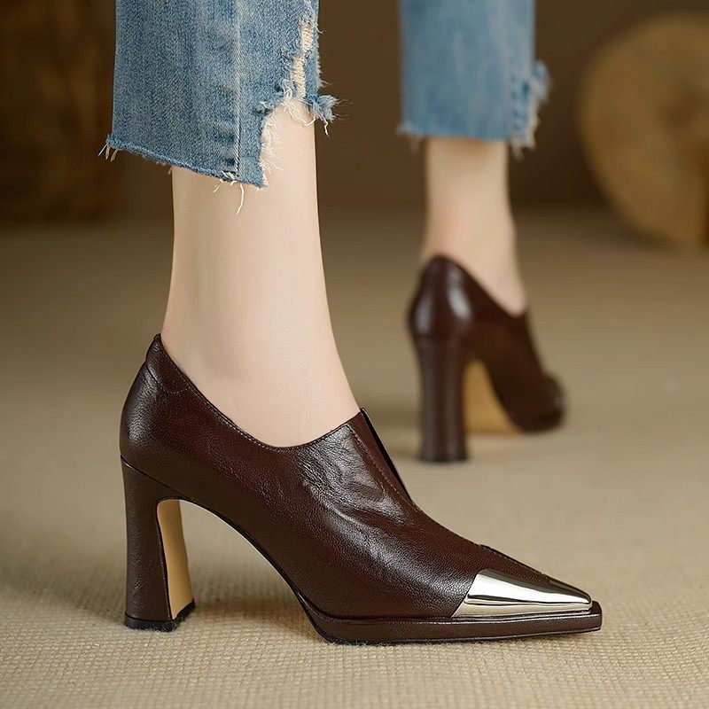 不累脚真皮深口单鞋女2025新款金属尖头气质防水台高跟鞋英伦皮鞋,淘宝优惠券,粉丝福利购,淘宝优惠卷