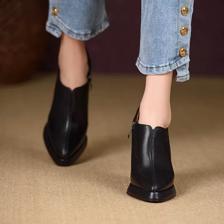 10cm手工高跟女鞋2025年秋冬新款防水台真皮单鞋尖头拉链粗跟纯色,淘宝优惠券,粉丝福利购,淘宝优惠卷