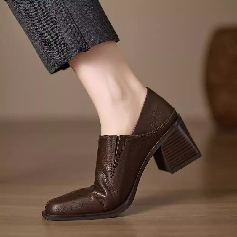 6.5cm气质高跟鞋方头通勤深口单鞋2025新款可踩后跟英伦小皮鞋女,淘宝优惠券,粉丝福利购,淘宝优惠卷