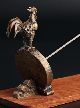 原创纯铜线香插金鸡报晓工艺品