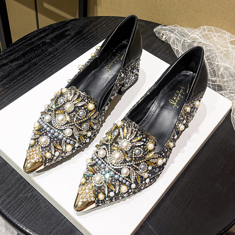 粗跟单鞋浅口秋季新款不累脚单鞋尖头高跟水钻雪莲花单鞋女,淘宝优惠券,粉丝福利购,淘宝优惠卷