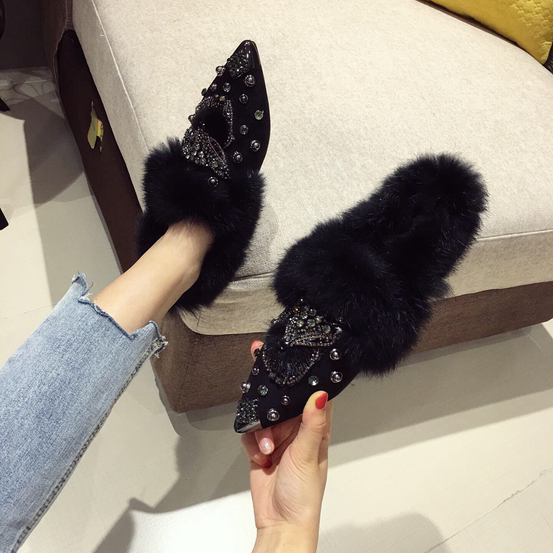 2025冬季欧洲站新款狐狸头毛毛单鞋女外穿保暖棉鞋子水钻尖头铆钉,淘宝优惠券,粉丝福利购,淘宝优惠卷