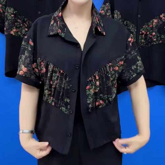 中老年妈妈装遮肉显瘦短袖衬衫2025夏季新款时尚百搭拼接上衣小衫