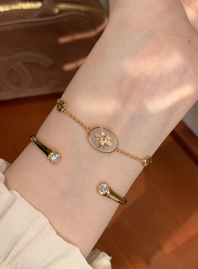 轻奢专柜光面微镶双圆钻戒指手环小众设计百搭简约叠戴首饰套装