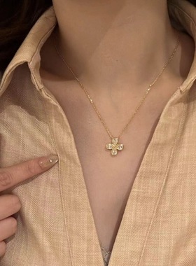 法式复古镶钻四叶草吊坠项链耳坠时尚轻奢中古风精致花朵首饰套装
