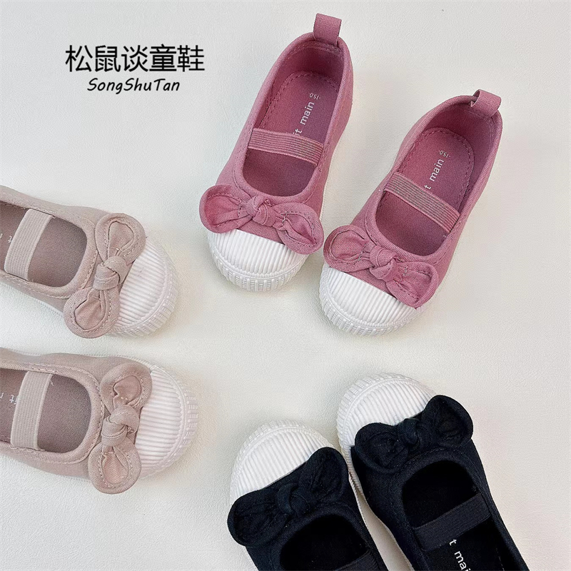 森系女童帆布鞋蝴蝶结公主鞋复古粉色浅口单鞋幼儿园小白鞋软底 - 图3